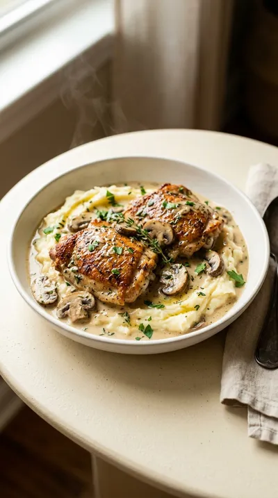 Creamy Chicken Thighs with Mushroom Thyme Sauce