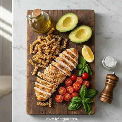 Healthy Chicken Pasta Salad with Avocado, Tomato & Basil - ingredients preparation