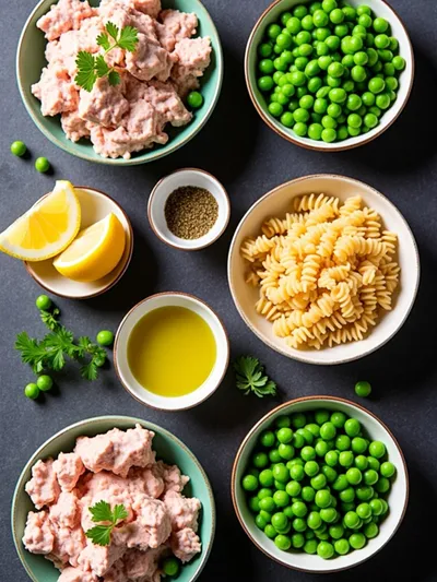 Tuna Pasta Salad With Peas - ingredients preparation