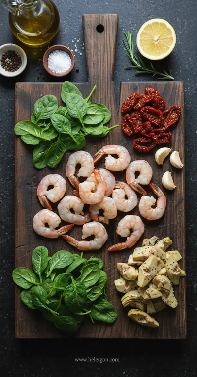 Tuscan Shrimp with Spinach, Artichokes & Sun‑Dried Tomatoes - cooking process